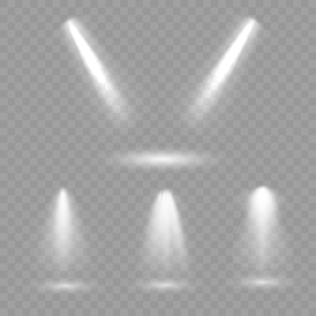 Proyector haz de escenario Lámpara blanca brillante Reflector Efecto de luz con rayos Escena iluminada Vector