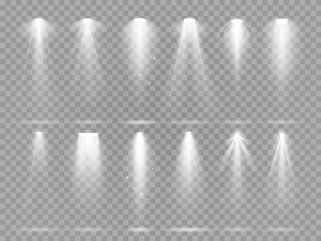 Proyector de iluminación brillante con vigas en escenario de teatro.