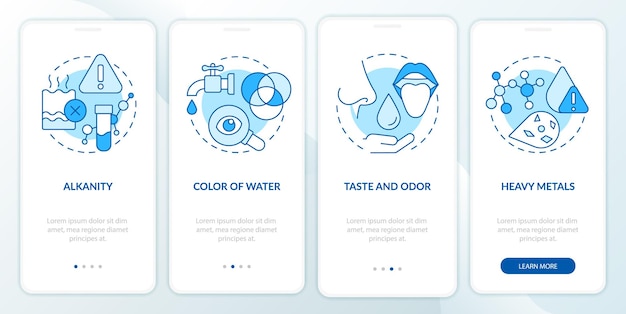 Prueba de calidad del agua pantalla de aplicación móvil de incorporación azul tutorial de metales pesados páginas de instrucciones gráficas de 4 pasos con conceptos lineales plantilla de interfaz gráfica de usuario ui ux myriad probold fuentes regulares utilizadas