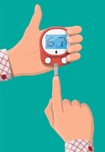 Prueba del concepto de glucosa en sangre Tiras de prueba de glucómetro en la mano Equipos de prueba y medicamentos Hospital de salud y diagnóstico médico Servicios de urgencia Ilustración de vector plano