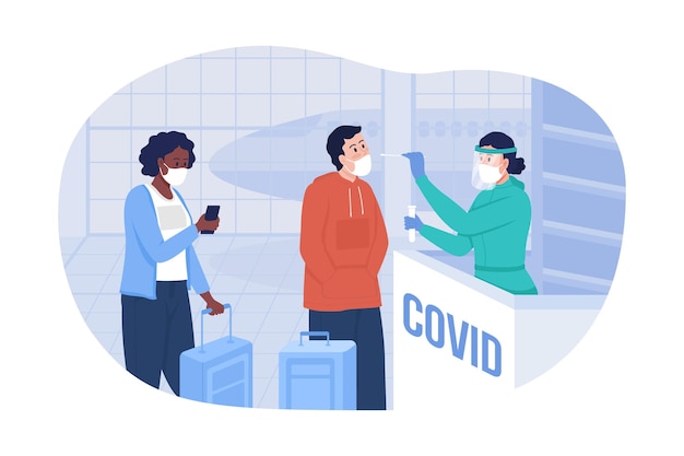 Prueba de covid en el aeropuerto 2d vector ilustración aislada. pasajeros y enfermeras en personajes planos de máscaras respiratorias faciales sobre fondo de dibujos animados. control médico para viajes seguros escena colorida.