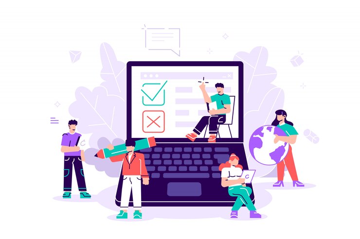 Vector prueba. ilustración de encuesta en línea para banner web, impresión, infografía, votación en línea, concepto de tecnología de encuesta en línea con personas y computadora portátil con lista de verificación. sí no lista