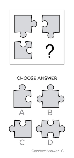 Vector prueba de inteligencia elija la respuesta correcta tareas lógicas compuestas de formas de rompecabezas ilustración vectorial