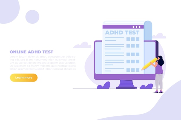 Prueba en línea de trastorno por déficit de atención e hiperactividad (ADHD) Ilustraciones vectoriales para el folleto de la página de aterrizaje del sitio web de banner