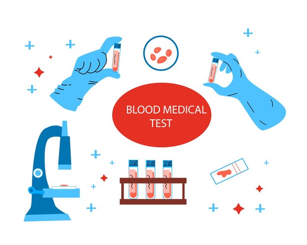 Prueba médica de fondo sanguíneo en ilustración vectorial de estilo dibujos animados en colores vectorial azul y rojo