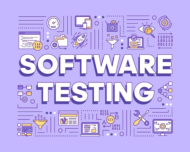 Prueba de software banner de conceptos de palabra violeta. Examine el componente del programa de computadora. Detecta errores. Presentación, sitio web. Idea de tipografía de letras aisladas con iconos lineales. Ilustración de contorno vectorial