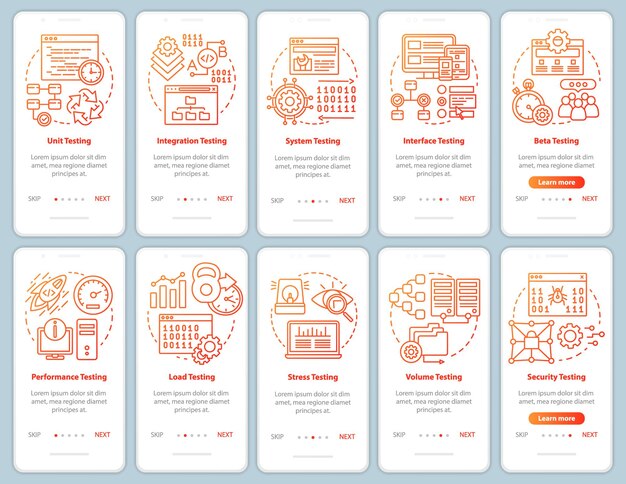 Prueba de software plantilla de vector de pantalla de página de aplicación móvil de incorporación naranja