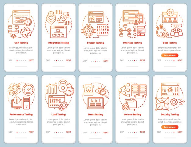 Vector prueba de software plantilla de vector de pantalla de página de aplicación móvil de incorporación naranja
