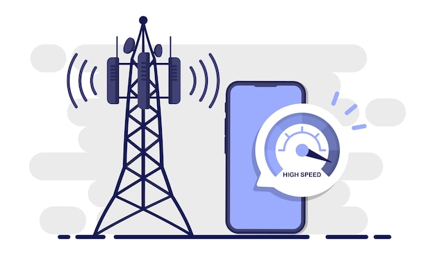 Prueba de velocidad de internet en smartphone la mano mantiene el teléfono cerca de la torre de comunicación tecnología de red inalámbrica 5g concepto de alta velocidad inalámbrica de nueva generación pantalla de teléfono con prueba de velocidad