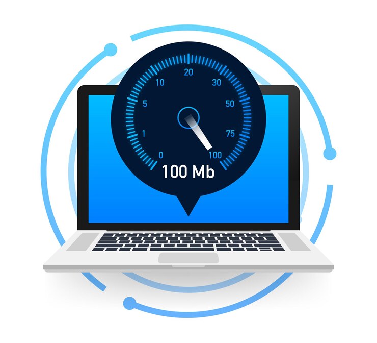 Vector prueba de velocidad en portátil. velocímetro velocidad de internet 100 mb. tiempo de carga de la velocidad del sitio web. ilustración vectorial.
