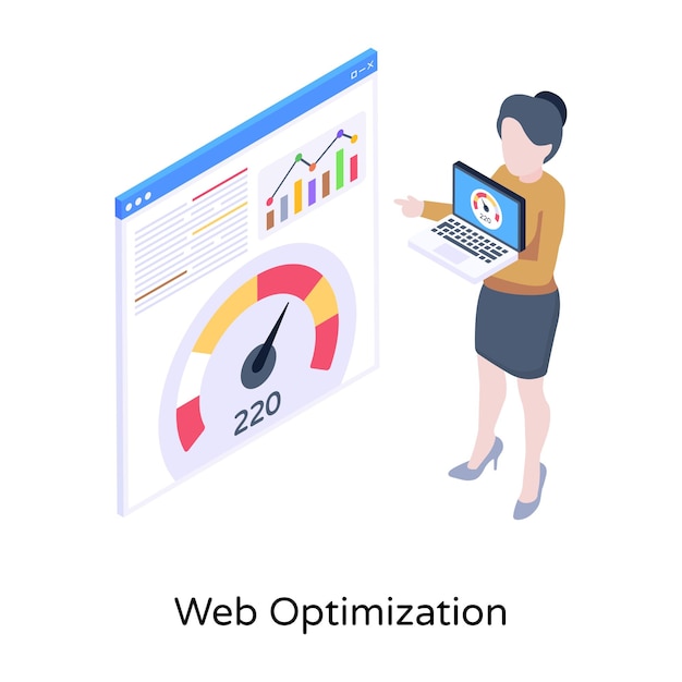 Prueba de velocidad del sitio web el icono isométrico de optimización web