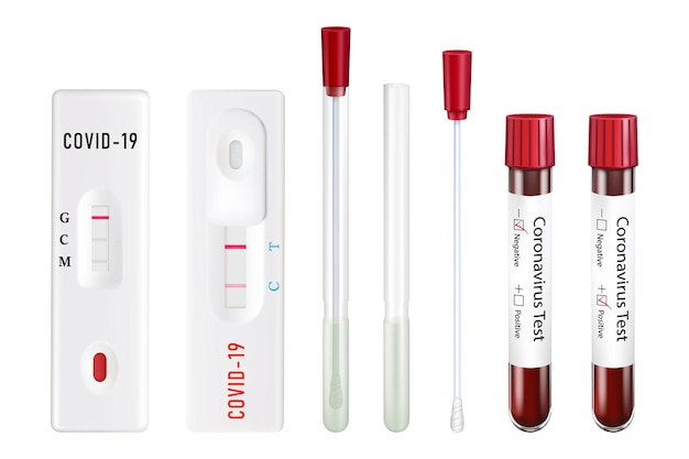 Pruebas para coronavirus. Tubo de ensayo estéril con hisopo de algodón para muestras, tubo de ensayo con sangre, Prueba express rectangular. positivo y negativo. Conjunto de vector de ilustración realista 3D.