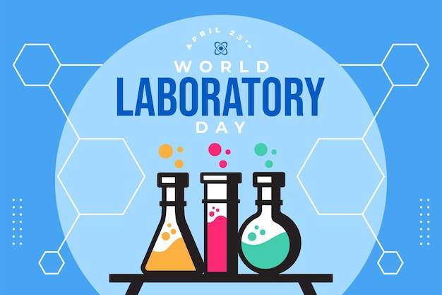 Pruebas químicas de laboratorio con fondo azul Día mundial del laboratorio 23 de abril