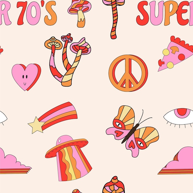 Psicodélico Retro de patrones sin fisuras con setas, signos de paz, corazones, mariposas