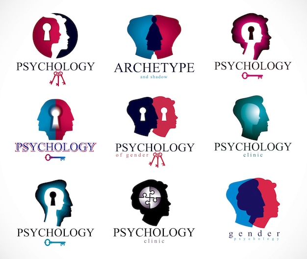 Psicología, cerebro humano, psicoanálisis y psicoterapia, problemas de pareja y de género, personalidad e individualidad, neurología cerebral, salud mental. Conjunto de iconos o logotipos vectoriales.