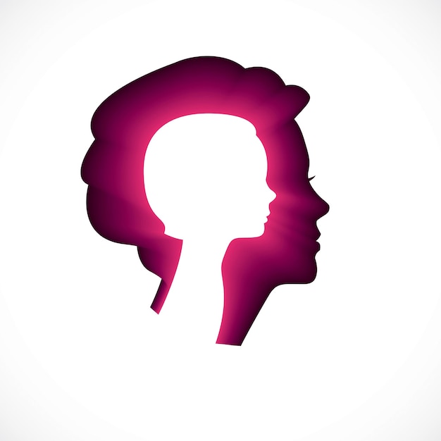 Psicología, diseño de vectores de salud mental, creado con perfil de cabeza de mujer y niña pequeña dentro, concepto de niño interior, origen de la individualidad humana y problemas psíquicos. Terapia y análisis.