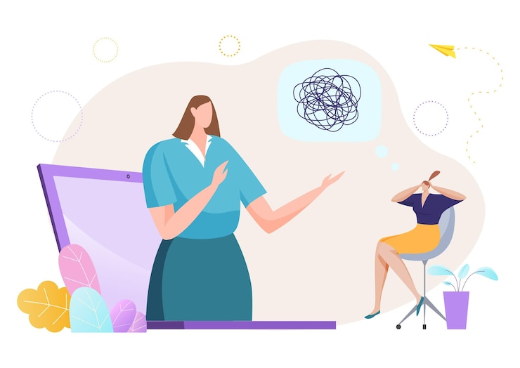 Vector psicólogo remoto en línea cita con el médico mujer pequeña personaje problema mental vector plano
