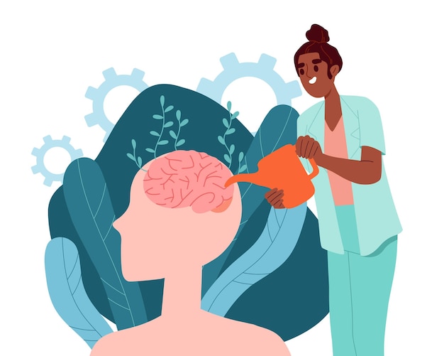 El psicólogo trata a la mujer del concepto de persona con regadera cerca de la silueta de la salud mental de la cabeza y