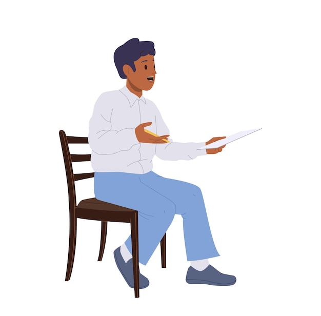 Psicoterapeuta masculino profesional psicólogo personaje de dibujos animados hablando asesoramiento sosteniendo tarjeta de paciente con notas sentado en una silla aislado en fondo blanco Ilustración vectorial de sesión de terapia