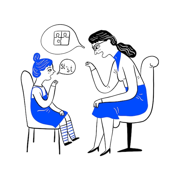 Psicoterapia. Conceptos de psicología. psicoterapeuta que trata a un niño con tartamudez. Vector de estilo doodle de dibujo a mano