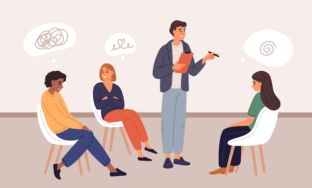 Psicoterapia de grupo Personas con problemas mentales Mujeres hablan de sus problemas con especialistas Ayuda psicológica Ayuda psicolóxica Consulta psicoterapeuta Concepto de vector Garish