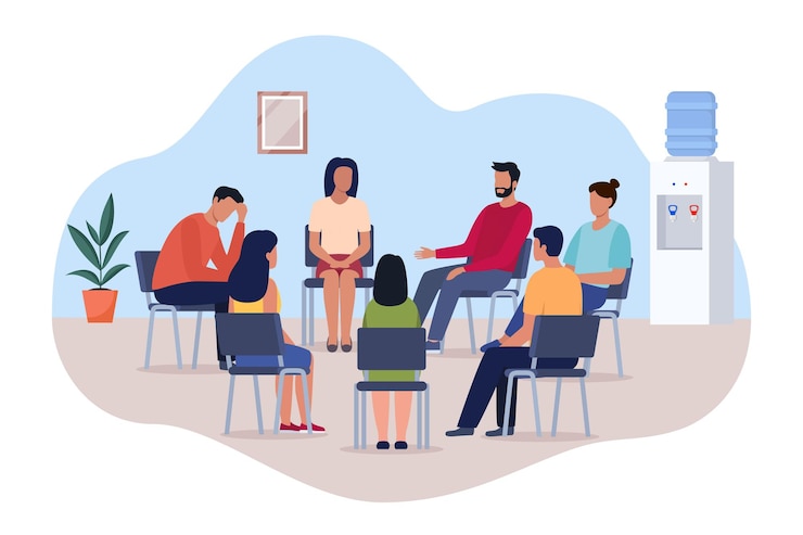 Vector psicoterapia de grupo personas sentadas en círculo y hablando personas reunidas formación en psicoterapia