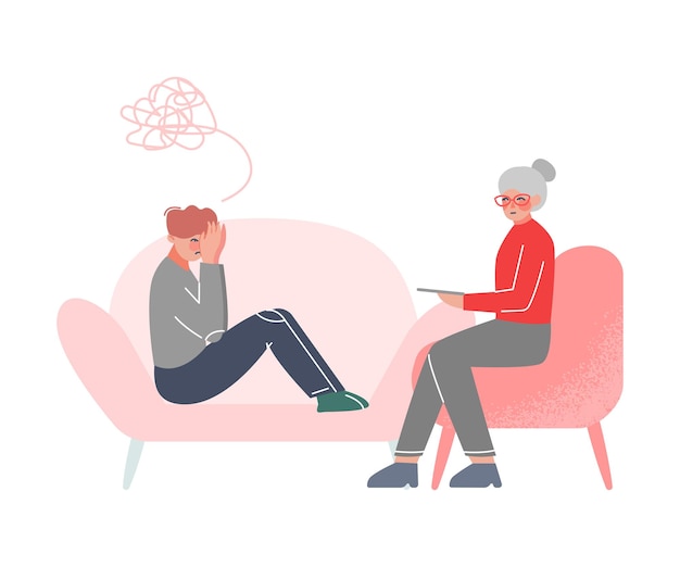 Psicoterapia profesional Asesoramiento paciente estresado Ayuda psicológica Salud mental Ilustración vectorial de estilo dibujos animados