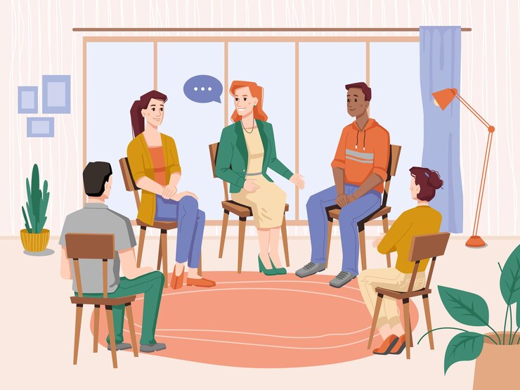 Psicoterapia terapia de grupo de personas con consejero.