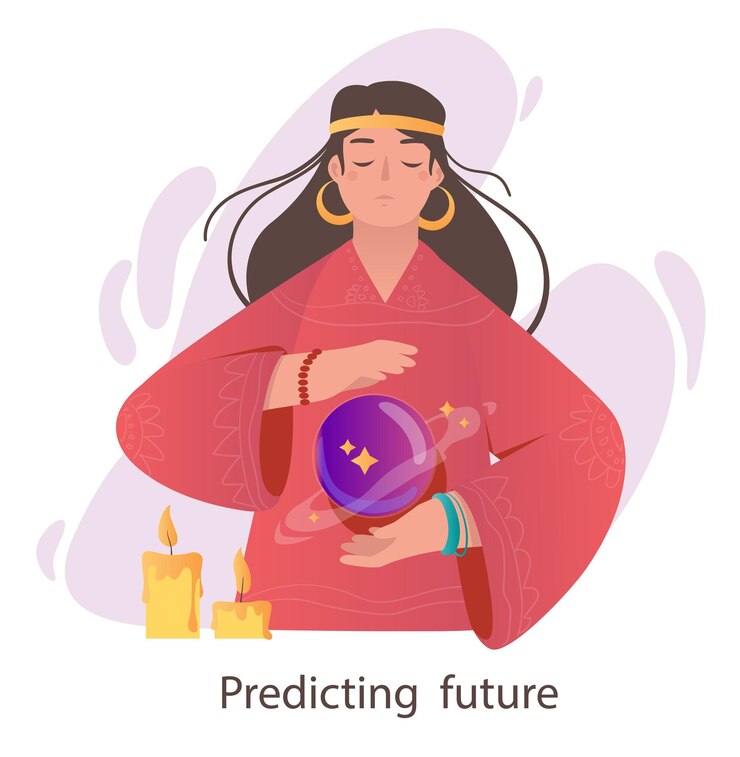 Vector psíquico con esfera mística mujer hermosa con superpoderes predice el futuro personaje mágico