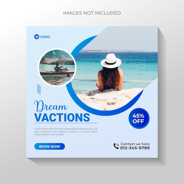 Publicación de aventuras en redes sociales y plantilla de banner de promoción de viajes premium