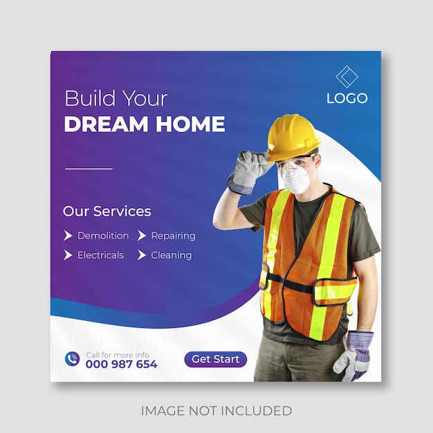 publicación de construcción en redes sociales y plantilla de publicación de Instagram