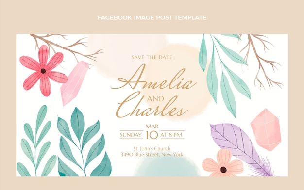 Vector publicación de facebook de boda boho acuarela