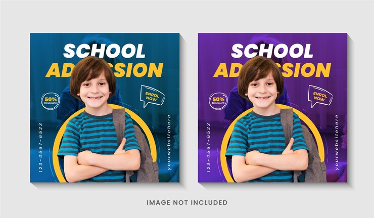 Publicación de instagram de admisión escolar en línea o plantilla de volante cuadrado social de regreso a la escuela Vector Premium