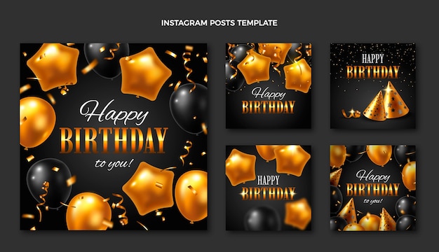 Vector publicación de instagram de cumpleaños dorado de lujo realista