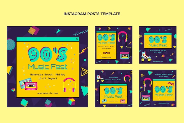 Vector publicación de instagram del festival de música nostálgica de diseño plano