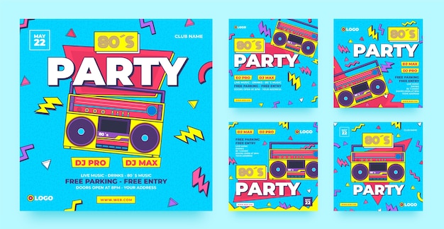 Vector publicación de instagram de fiesta de los 80 dibujada a mano