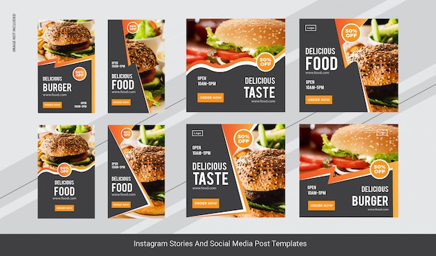 Publicación de instagram de hamburguesas de comida, banner de historias