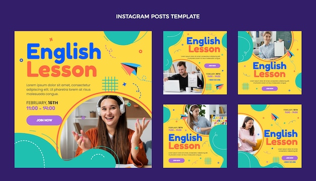 Vector publicación de instagram de lecciones de inglés dibujadas a mano