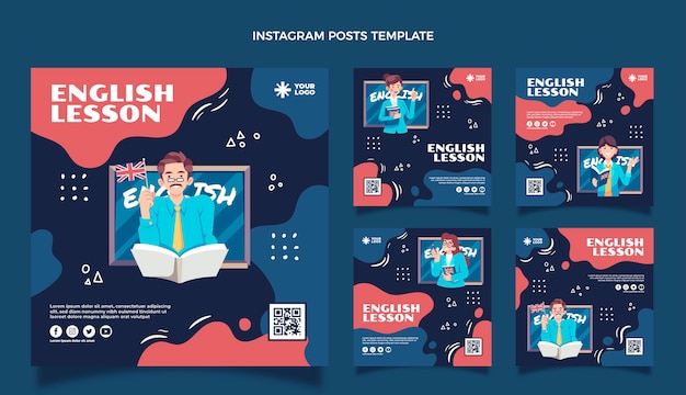 Vector publicación de instagram de lecciones de inglés dibujadas a mano