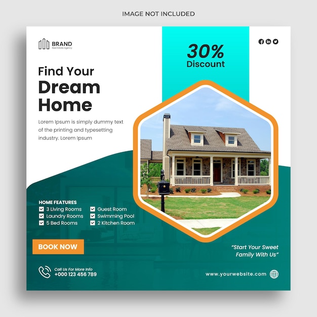 Publicación de instagram de propiedad inmobiliaria o plantilla de banner de redes sociales para el hogar