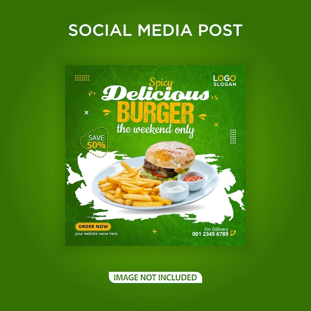 Publicación de instagram de redes sociales de banner de deliciosa hamburguesa