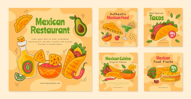 Vector publicación de instagram de restaurante mexicano dibujado a mano