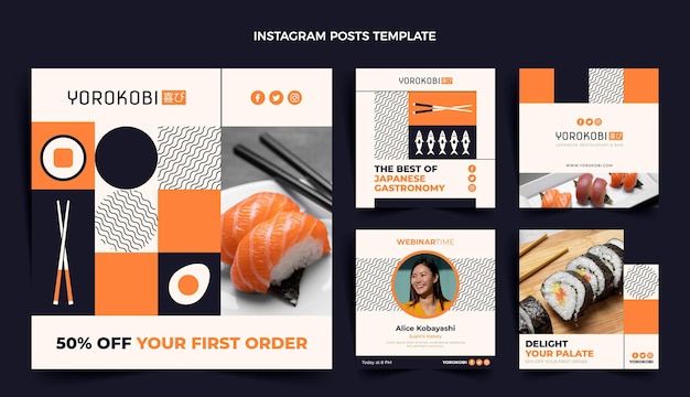 Publicación de instagram de sushi de diseño plano