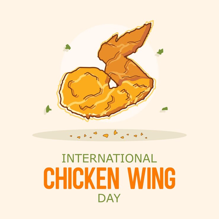 Vector publicación internacional de celebración del día del ala de pollo con icono de ala de pollo marrón dorado volador