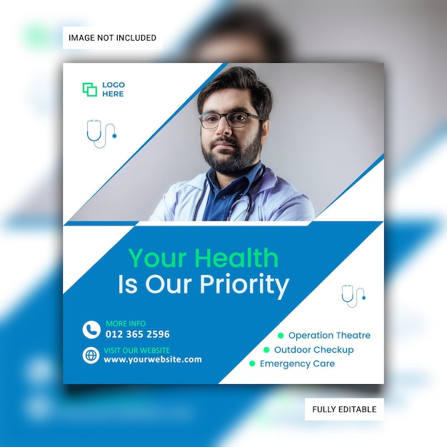 Publicación médica en redes sociales y plantilla de banner de Instagram