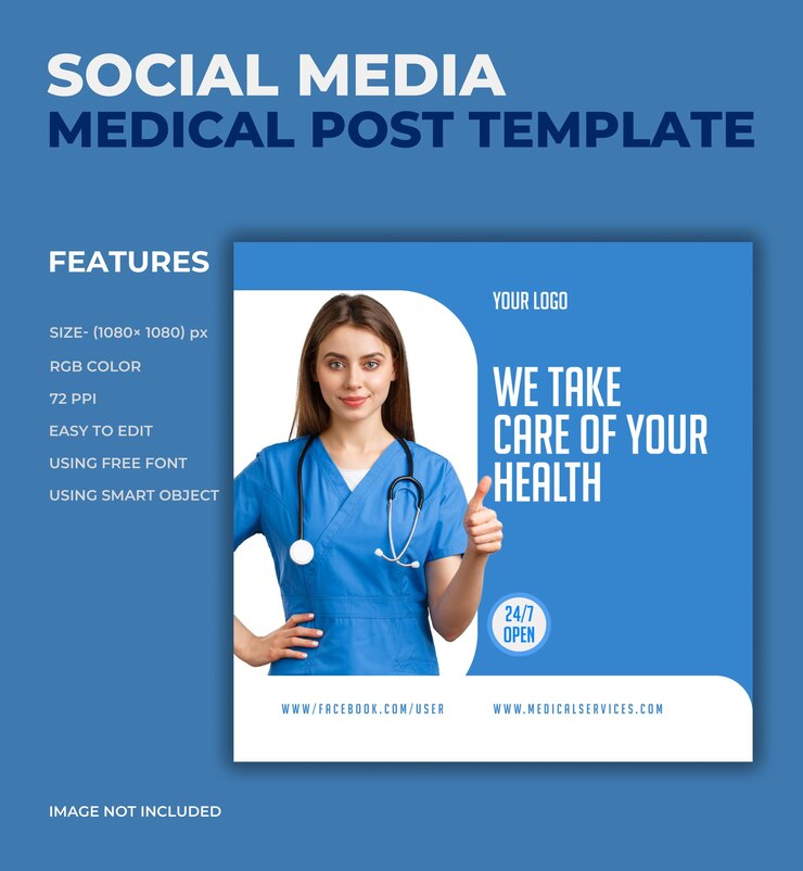 Publicación médica en redes sociales y plantilla de banner