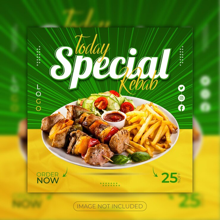 Publicación de menú de comida de shish kebab en redes sociales o diseño de plantilla de banner web de instagram