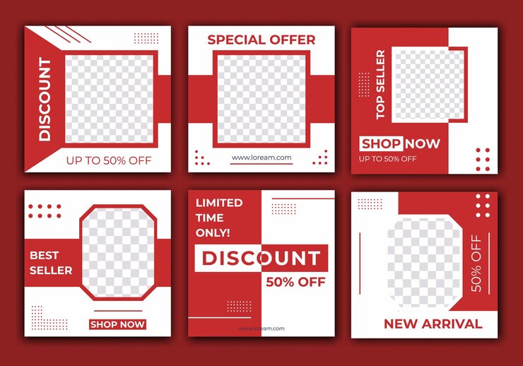Publicación de plantilla para anuncios en redes sociales venta de banner web para promoción en redes sociales Conjunto editable de diseño de marco de alimentación de redes sociales con color rojo claro Ilustración vectorial con universidad de fotos