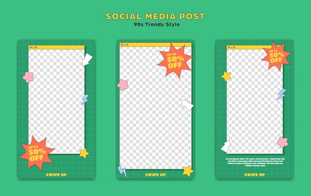 Publicación de plantilla de historia de instagram de redes sociales establece estilo de dibujos animados retro de moda de los 90 con bomba adhesiva