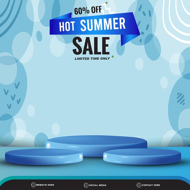 Publicación de plantilla de redes sociales de banner de descuento de venta de verano con podio 3d de espacio en blanco para producto con diseño de fondo degradado azul abstracto
